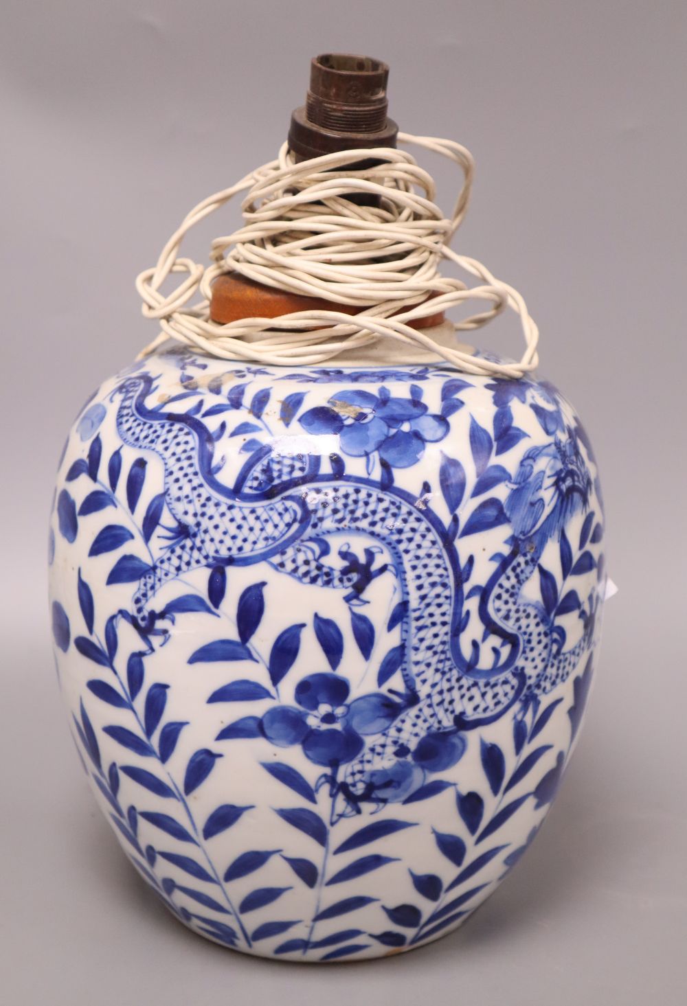 A 19th century Chinese blue and white jar converted to a table lamp, height 22cm excl. fittings